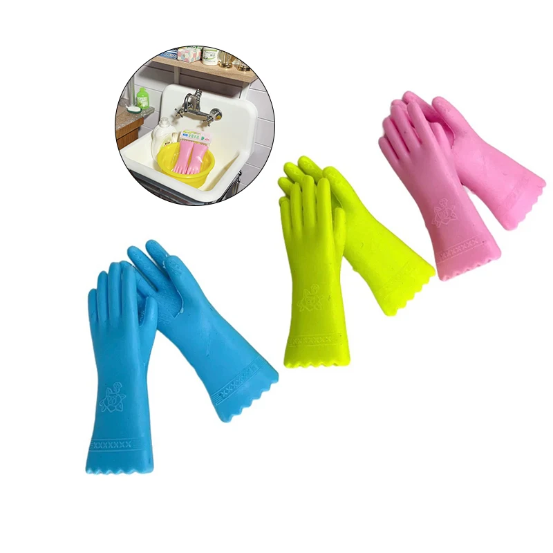 1Pair Dollhouse Miniature Rubber Gloves Simulation Long Cleaning Gloves Doll Kitchen Decor 1:12 Doll House Furniture Accessories