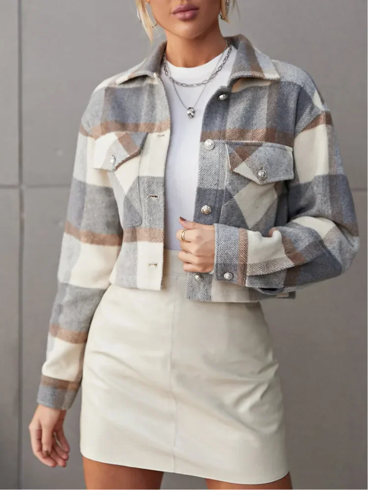 2024 New Winter Jackets Women Coat Lapel Plaid Single-Breasted Woolen Short Coat Autumn Plaid Print Drop Shoulder Crop Overcoat