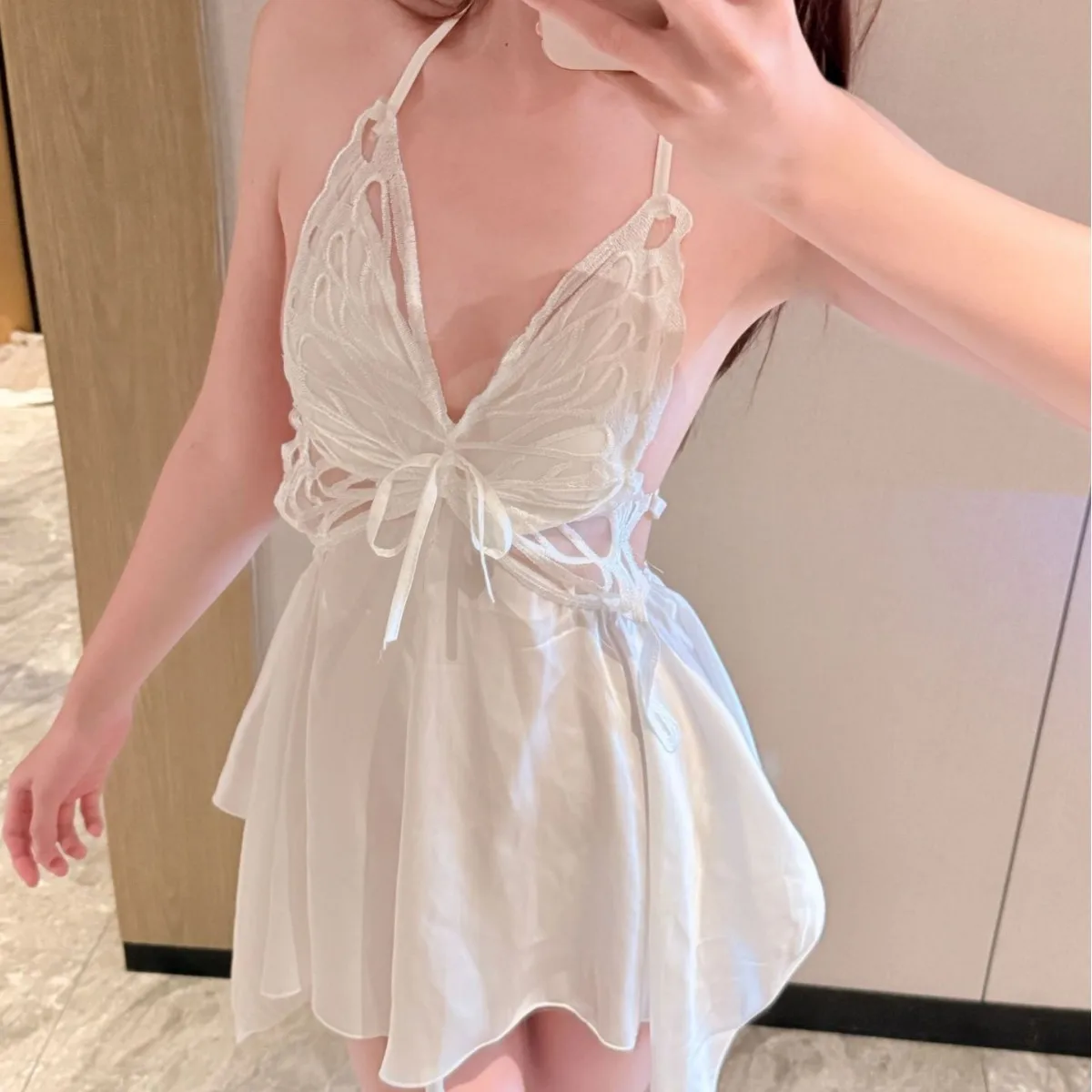 Hollow Out Breathable Sexy Korean Sweet Summer Ice Silk Nightgown Butterfly Back Tie Push Up Nightdress With Built In Chest Pad