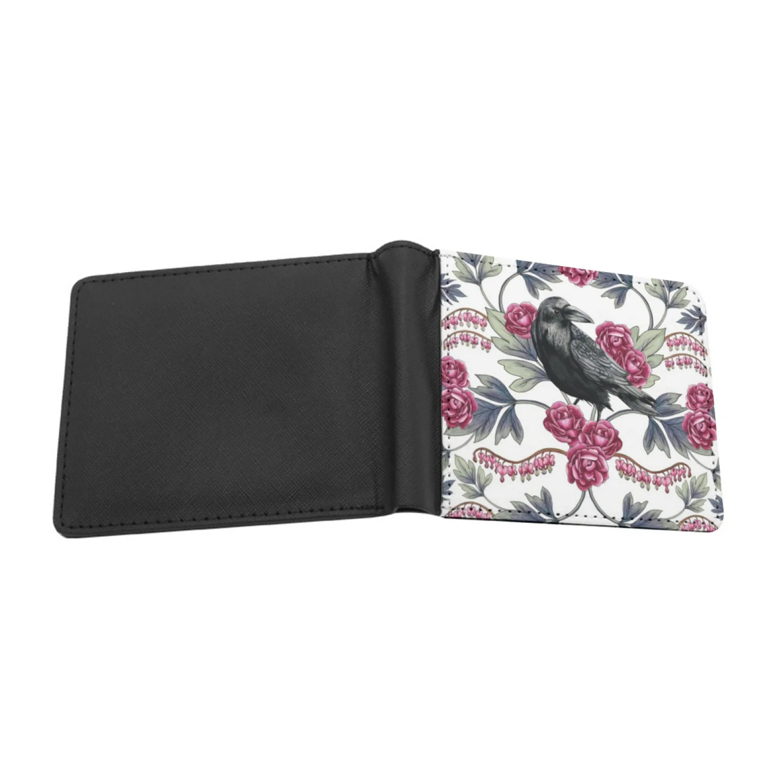 Crow Bleeding Heart Roses Floral Botanical Pattern Personalized Wallet For Men And Women Pu Leather Short Pocket Purse Crow