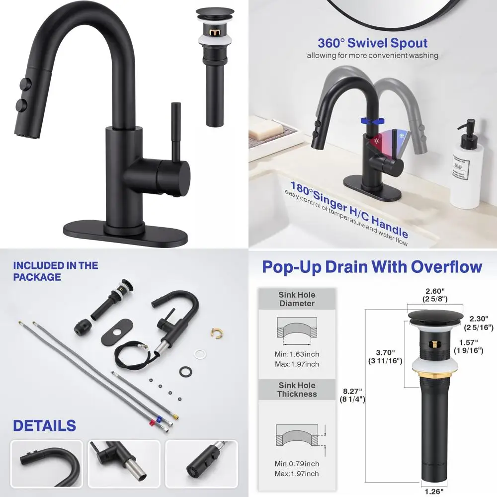Matte Black Single Handle Pull-Out Spray Faucet with Pop-Up Drain for Laundry Sink, KBL-7002B-CL2