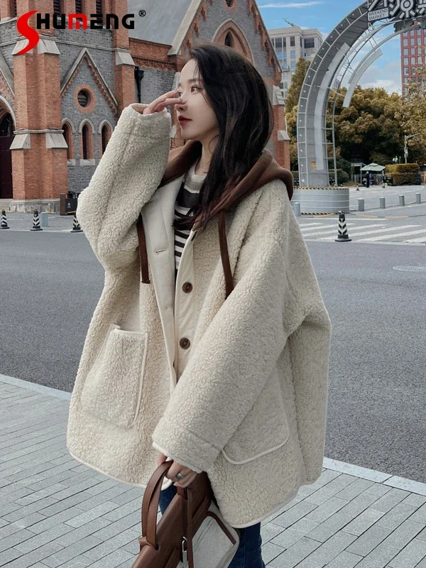 

Fur Integrated Lamb Wool Coats Women Autumn Winter 2023 New Fashion Feminine Stitching Hooded Thick Warm Loose Comfort Clothes