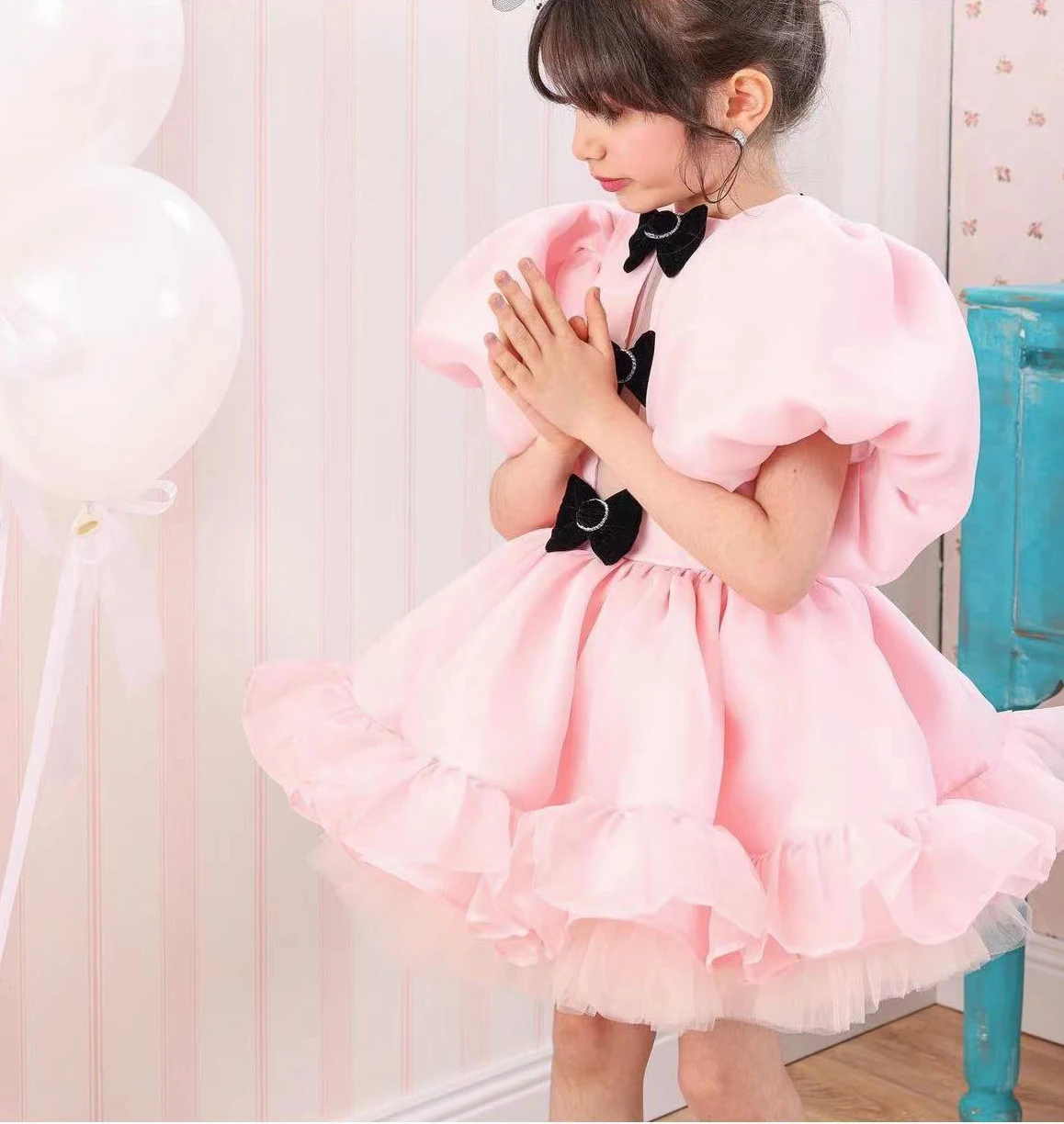 Abito da ragazza di fiore gonfio in tulle rosa per matrimonio, lunghezza al ginocchio, compleanno per bambini, prima comunione, abito da ballo per principessa 2024