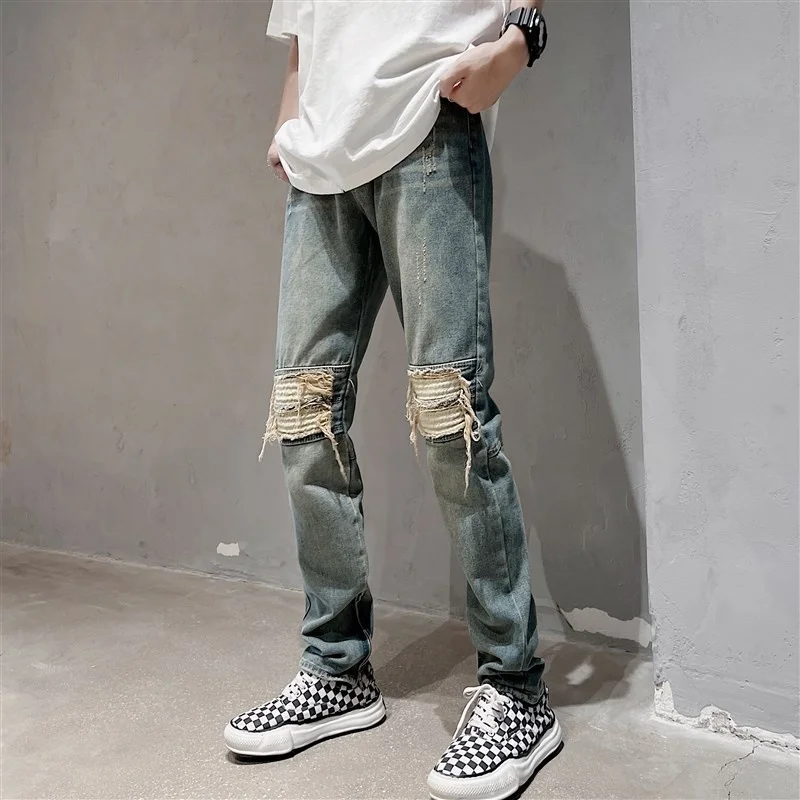

Elastic Tear-resistant Zipper Patch Men's Denim Jeans Youth Faion Loose Retro American High Street Long Trousers
