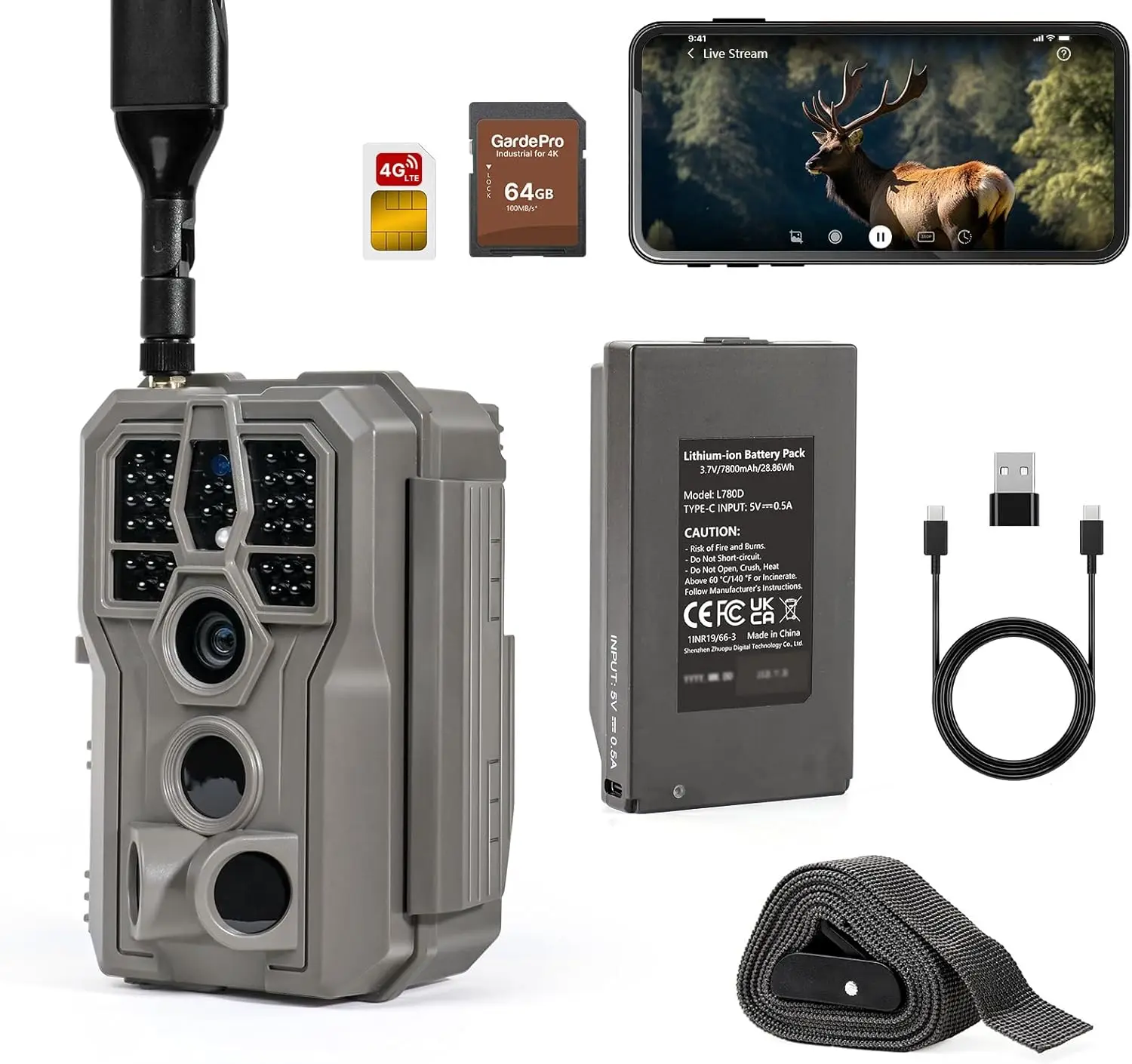 

4G LTE Cellular Trail Camera with Live View, 64GB SD Card, GPS, Motion Activated, Rechargeable, No WiFi Needed