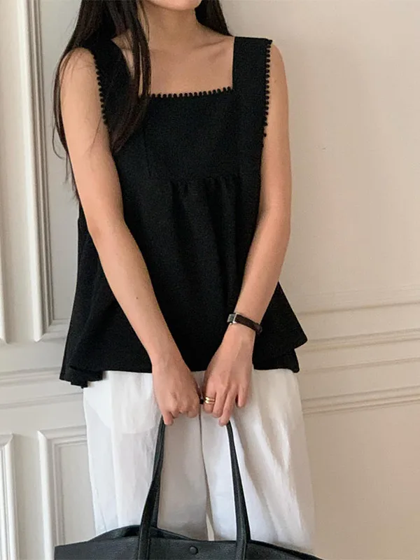 

Retro Chic Summer Women's Svel Loose Top Square Collar Tassel Design Versatile Vest Faionable Pure Color Knitwear