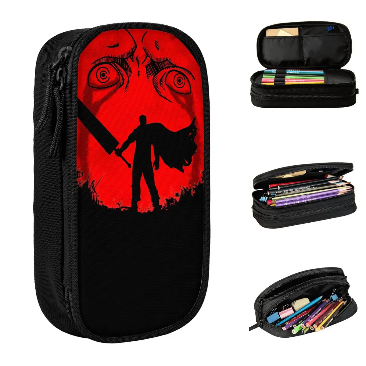 Estojo de lápis grande com zíper, espadachim preto, sob uma lua vermelha, berserk, Fun Pen Box Bag, Bolsa de armazenamento escolar, meninas e meninos