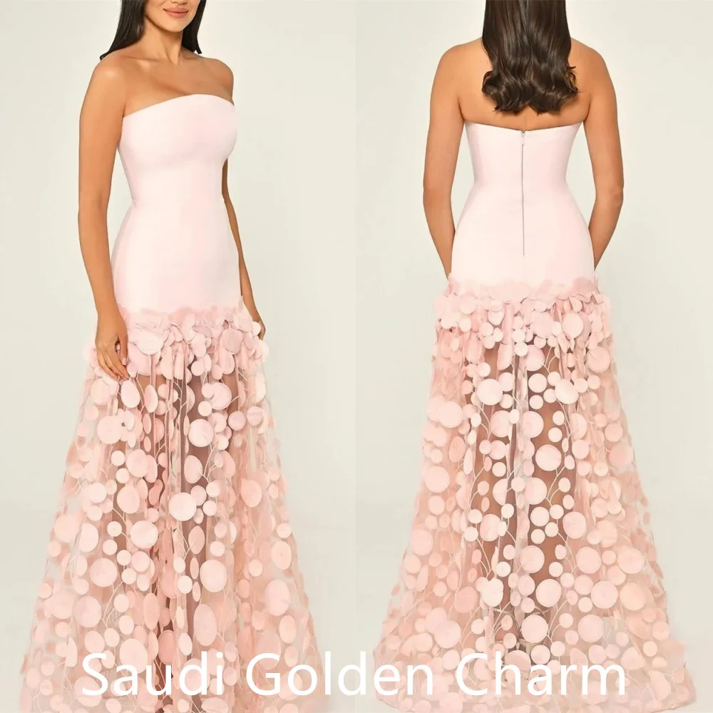 Customized  See Through Pink Jersey Evening Dress Exquisite Strapless Appliques Contrast Color Zipper Back Customized Vestido De