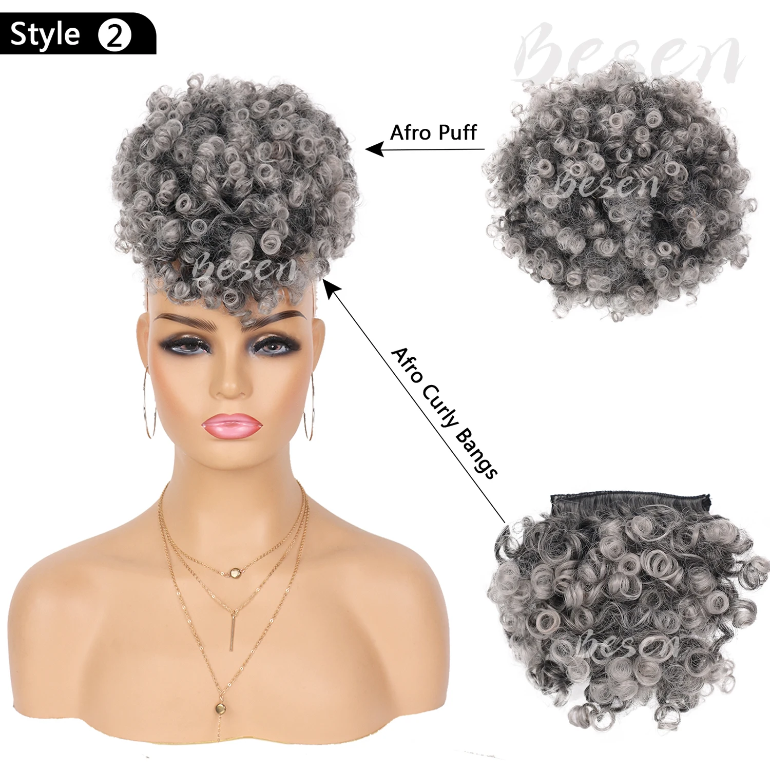 Syntetyczny kucyk Afro Puff ze sznurkiem i wymienną grzywką Szary Afro Puff Puff z 2-grzywką Klips do włosów w treski