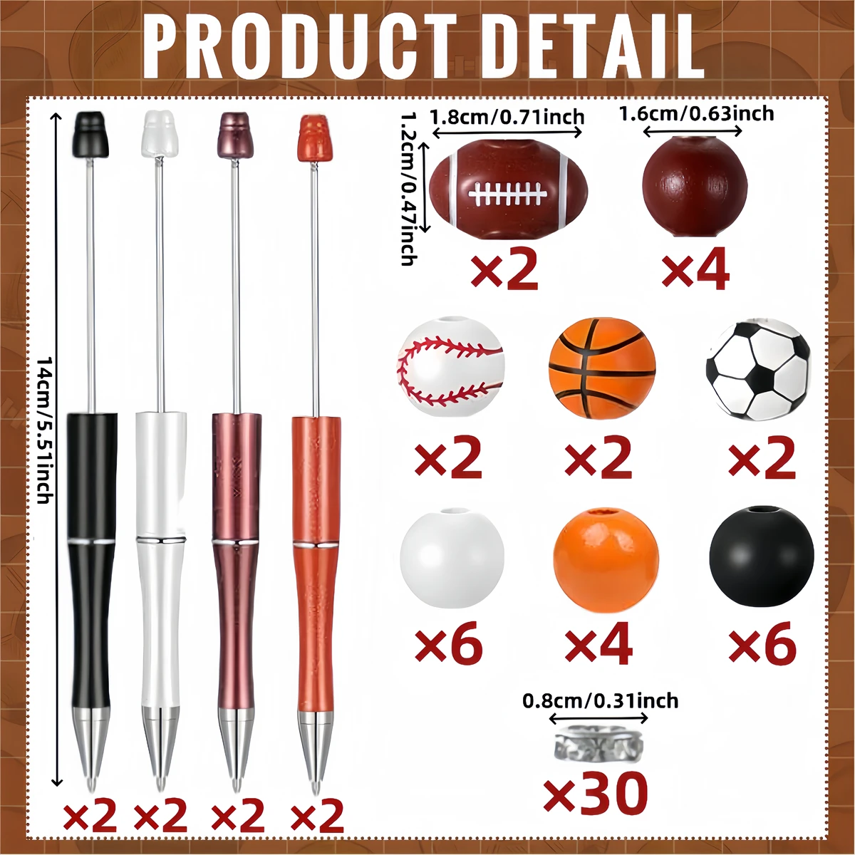 8PCS Rugby Softball Football Basketball Sports Ball Theme DIY Beaded Ballpoint Pen and Wooden Acrylic Bead Set