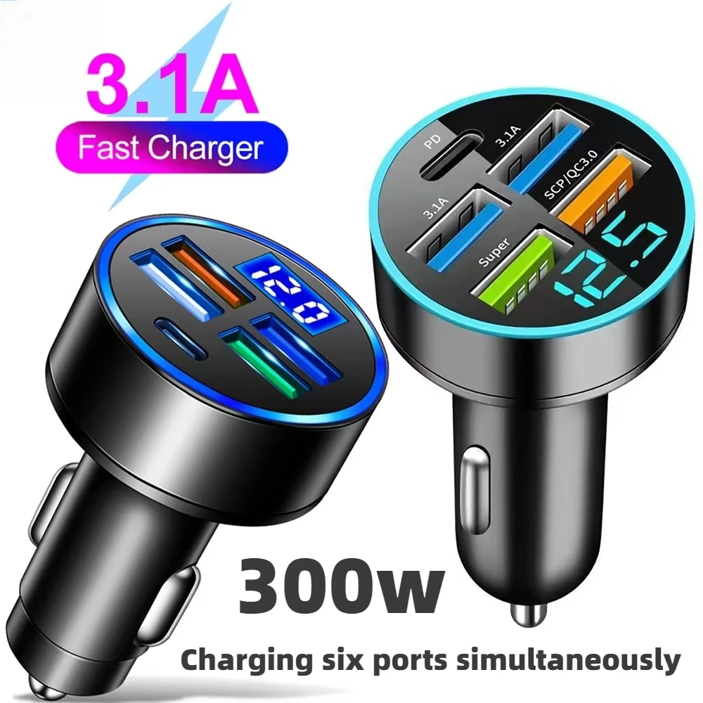 

300W Car Charger 4Usb PD Type C Fast Charging Auto Voltage Detection Multi-port Adapter For iPhone Samsung Huawei 2026 NEW