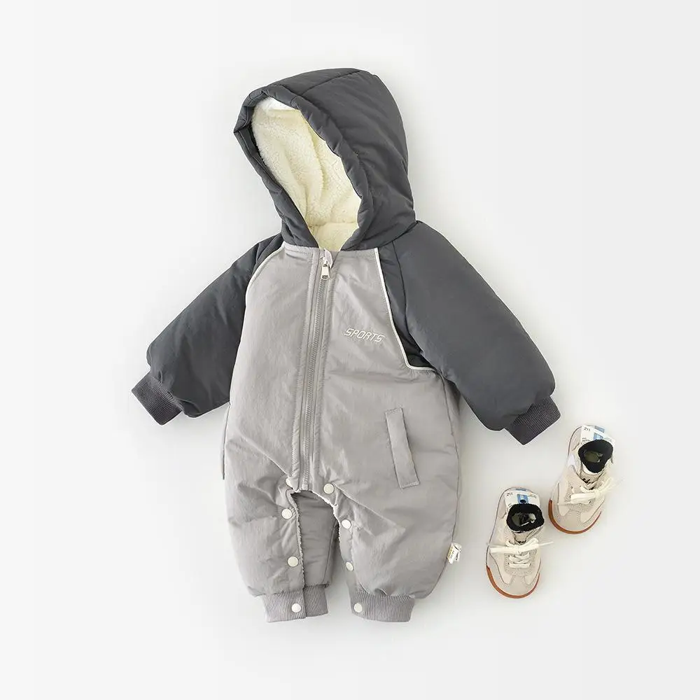

2025 Winter New Baby Fleece Hooded Romper Infant Toddler Boy Girl Patchwork Jumpsuit Newborn Plus Velvet Thick Warm Clothes