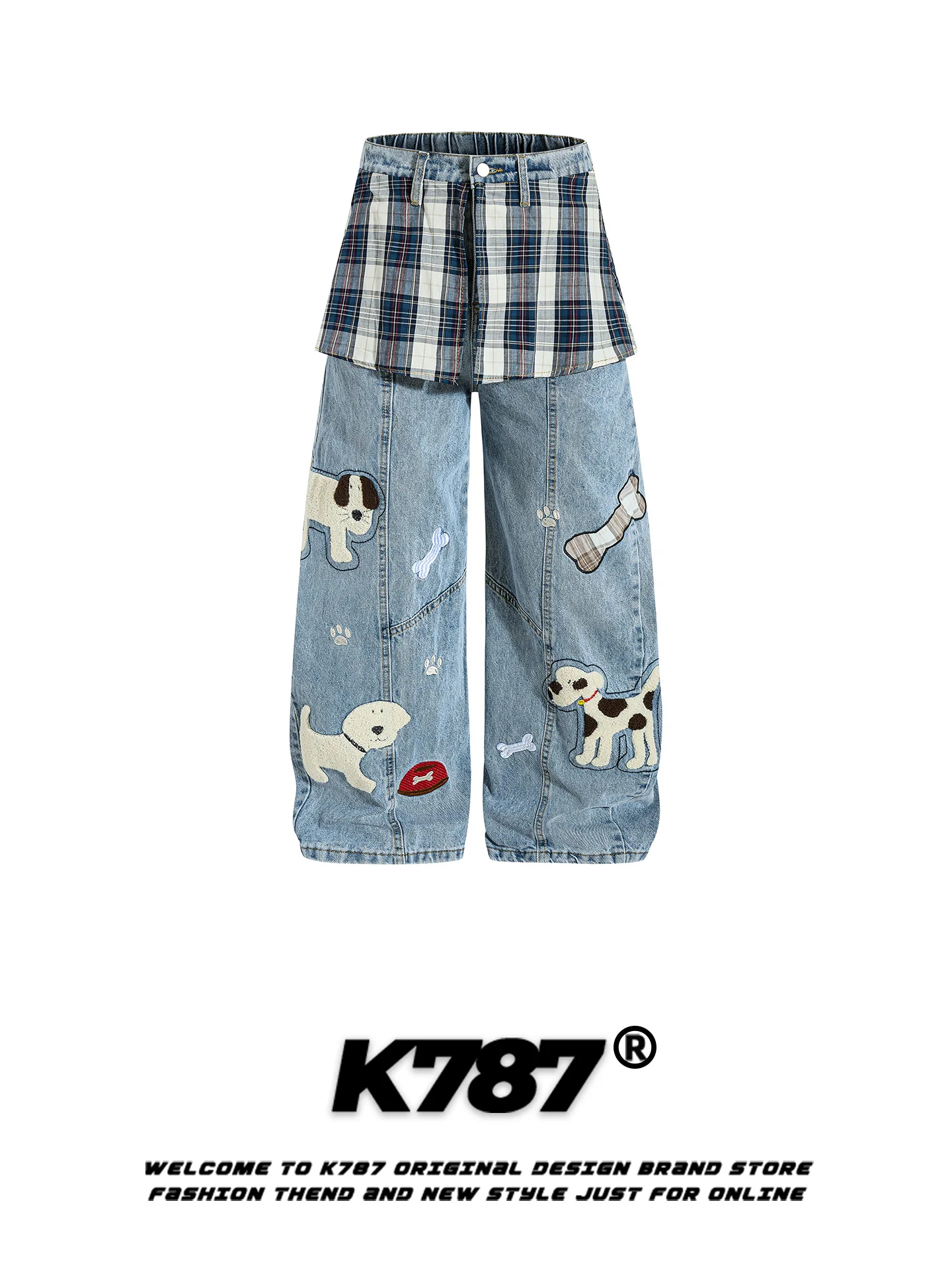 

Джинсы K787 в американском стиле с вышивкой милой собаки, женские, с драпировкой на ягодицах, свободные, стройнящие, широкие брюки в пол