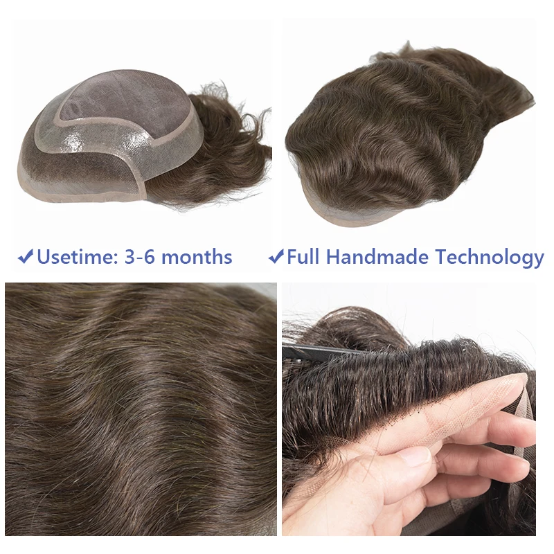 Perruques de cheveux humains indiens Mono PU pour hommes, système de cheveux naturels, toupet avec Wiltshire, nœuds achus, dentelle suisse avant, délié