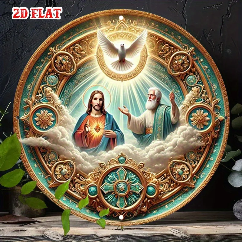2D flach 1 Stück Heiliger Geist 7,87 x 7,87 Zoll rundes Aluminiumschild, Gott der Vater rundes Aluminiumschild, religiöses Ikonographie-Metallblechschild