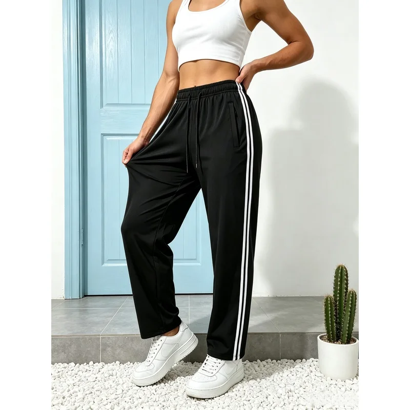 Women's Ice Silk Fiber Jogging Pants Highly Elastic Air Vented Jogging Pants With Zipper Pockets Men's Clothing Summer Baggy Man