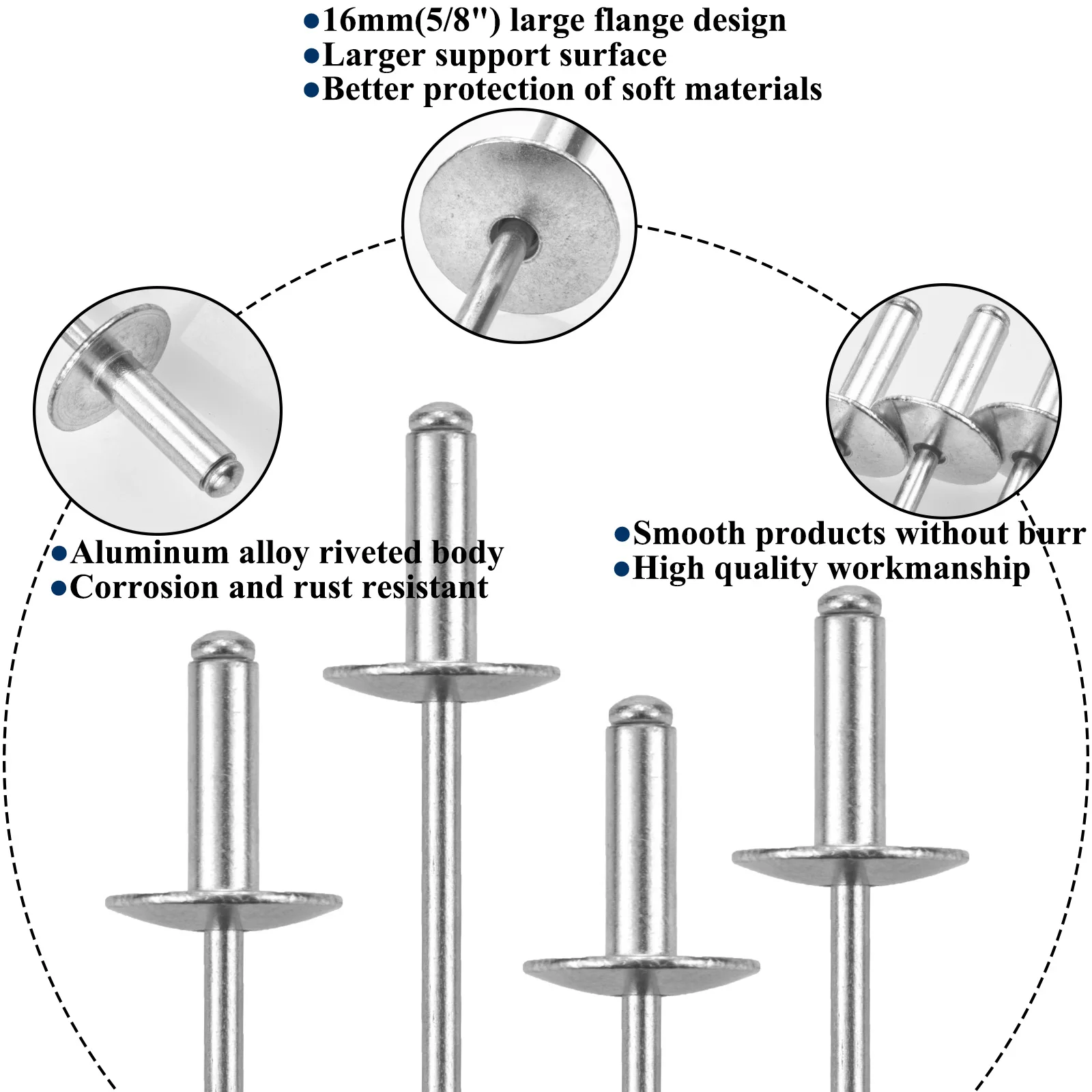 30 pezzi rivetti ciechi con flangia grande kit assortimento rivetti pop in alluminio rivetti ciechi, diametro flangia 5/8\