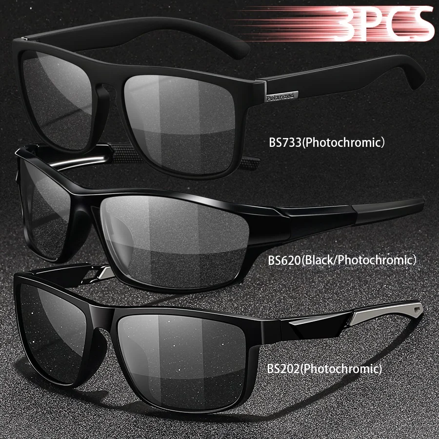 3PCS Photochromic Polarized Sports Vintage Sunglasses Men Women Cycling Driving Mountaineering Chameleon Sun Glasses UV400Eyewer