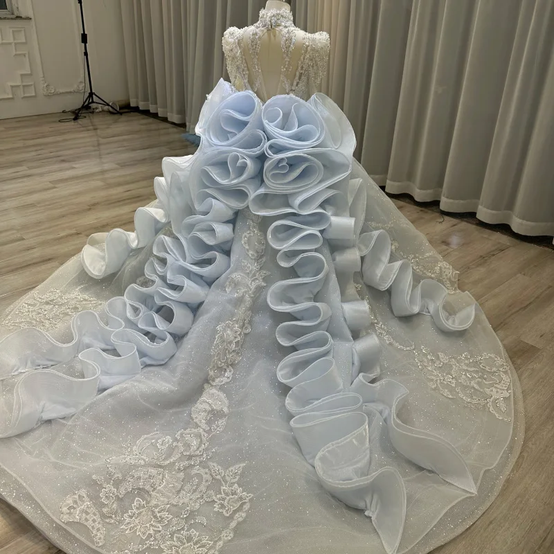 Vestido de novia de cola de diseño plisado de manga larga azul para niños