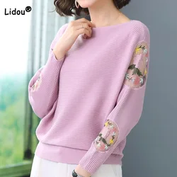 Female Fashion Embroidery Mesh Spliced Sweaters 2023 Autumn Winter Solid Color Batwing Sleeve Knitted Pullovers Women's Clothing