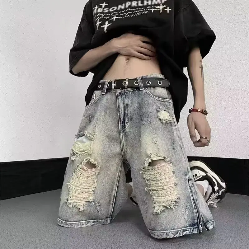 

Summer New Sle Loose Fit Ripped Denim orts for Men Vintage Waed American Brand Trendy Youth ulari Five-Quarter Length