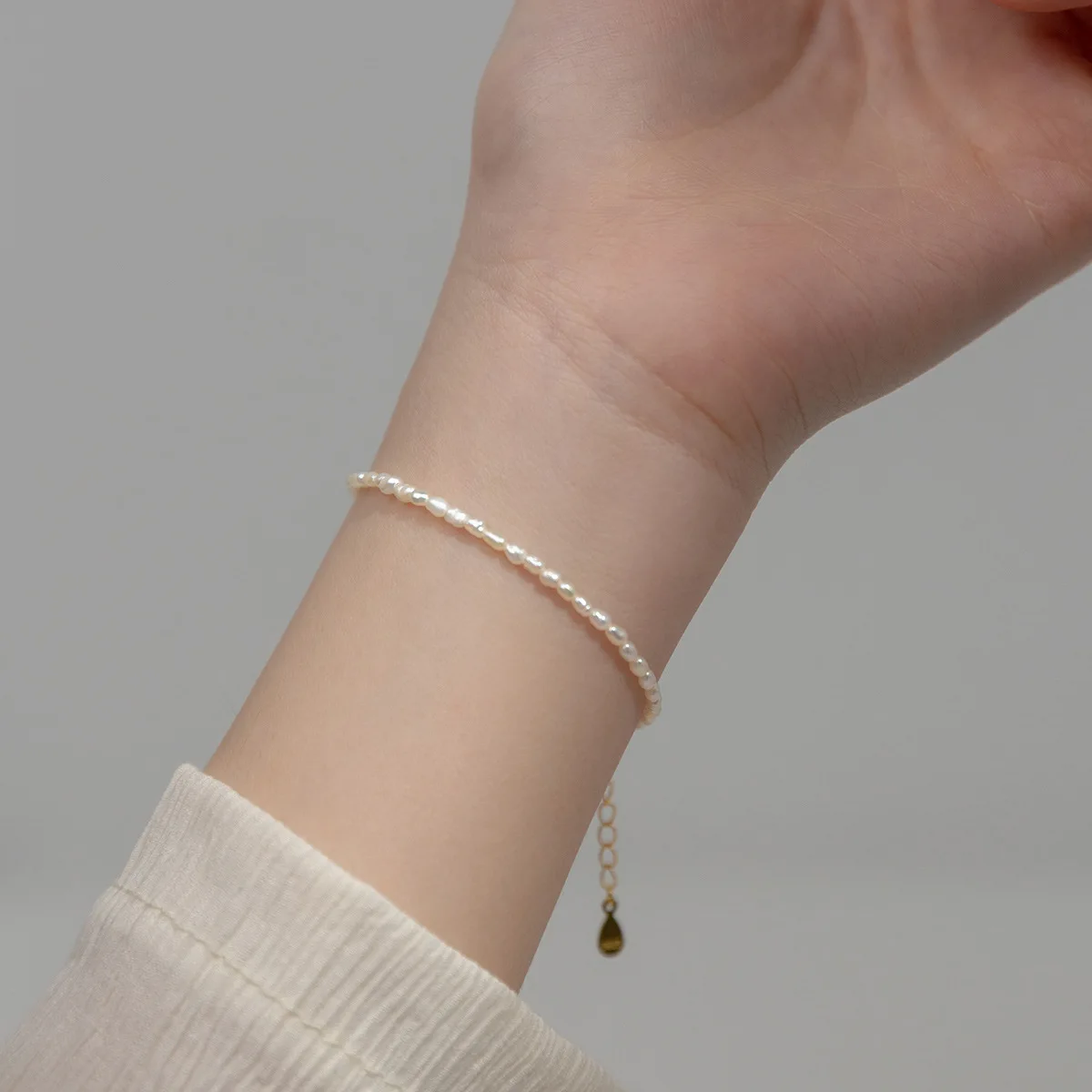 HENGSHENG Small Size 3-4mm Natural Freshwater White Pearls Rice Shape Bracelet Simple Trendy Style For Women Girls Jewelry Gifts