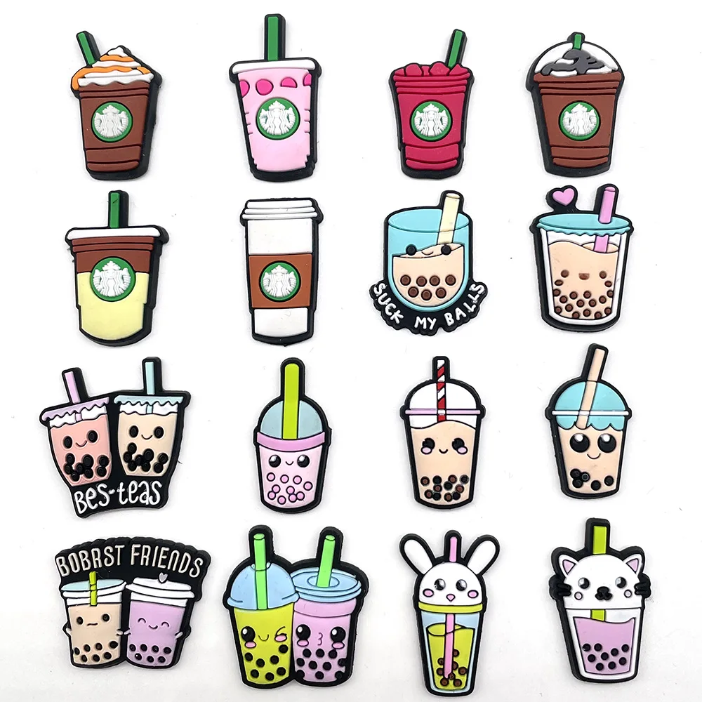 Hot 1pcs Cartoon Bubble Tea Coffee DIY Shoe Charms Garden Accessories Buckle Fit Clogs Sandals Decorate Kids Girl Birthday Gifts