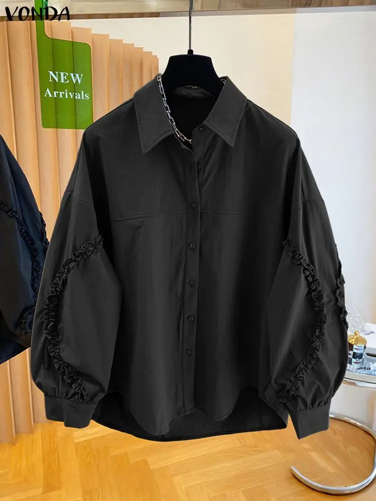 Plus Größe 5XL VONDA Mode Blusen Frauen Herbst Lange Laterne Hülse Shirts 2025, Solide Rüschen Tunika Tops Beiläufige Lose Blusas