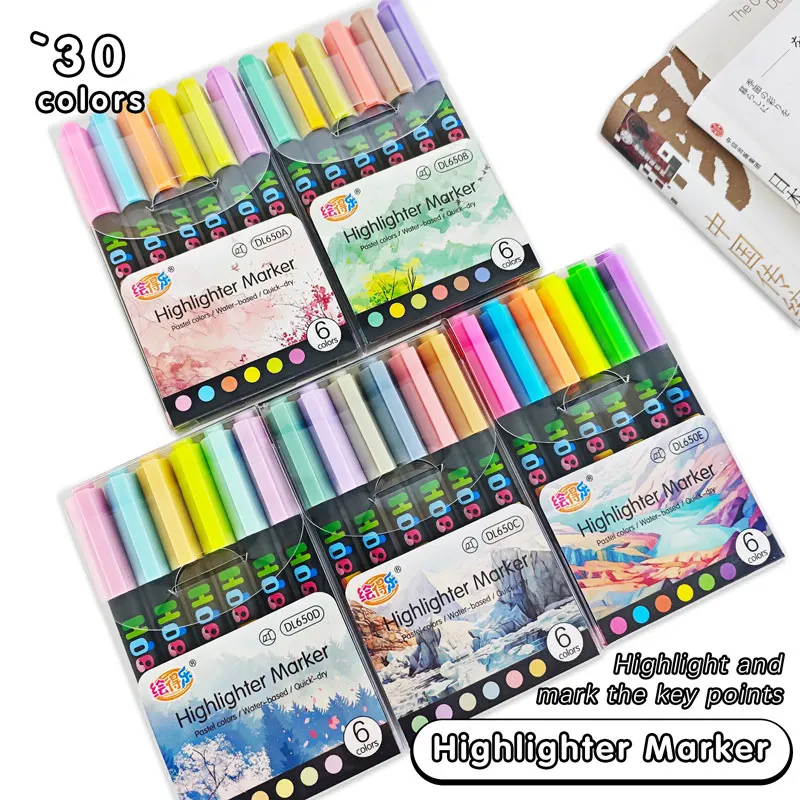 6 Stück Pastell-Textmarker, 30 Farben, fluoreszierender Hakenstift, farbiger Markierungsstift, niedliche Marker für Journaling, japanisches Briefpapier