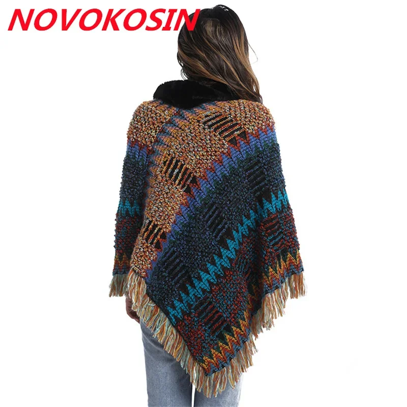 Autumn Faux Fur High Neck Triangle Loose Sweater With Tassels Knitted Poncho Batwing Sleeves Colors Pullovers Streetwear