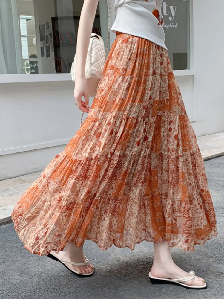 

SMTHMA 2025 New Fashion Thai Seaside Printed Holiday Long Skirt for Women with Super Fairy Big Swing Mid-Length Skirt