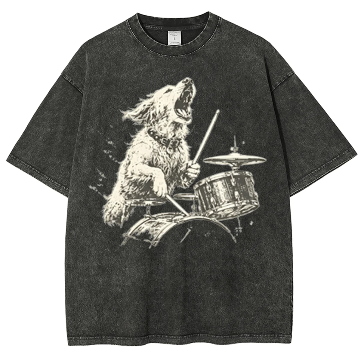 Vintage Rock Music Graphic Tee Excited Drummer Golden Retriever Dog Playing Drums Print Funny Pet Musician Casual Unisex Tee