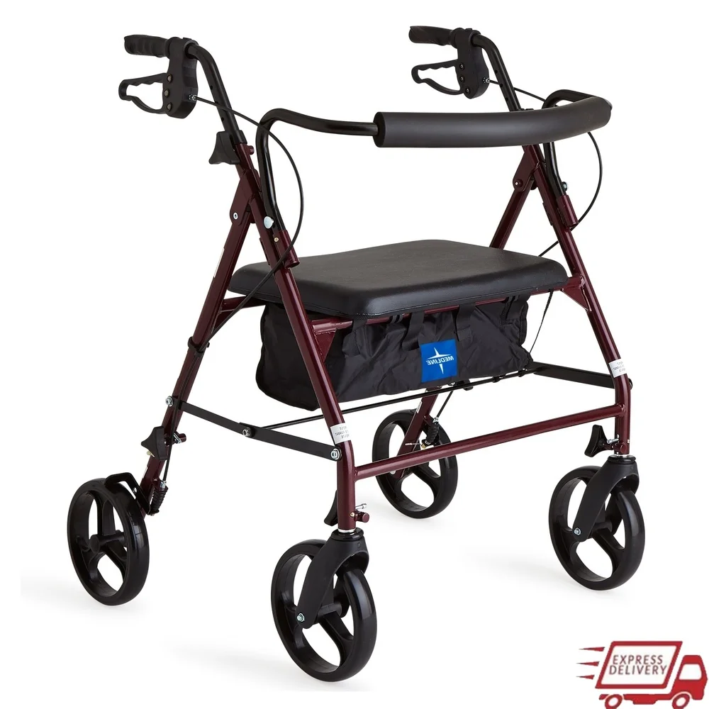

Bariatric Rollator Walker Heavy Duty Steel Frame with Adjustable Handles Padded Seat Backrest Foldable 8 Inch Wheels 500 lb