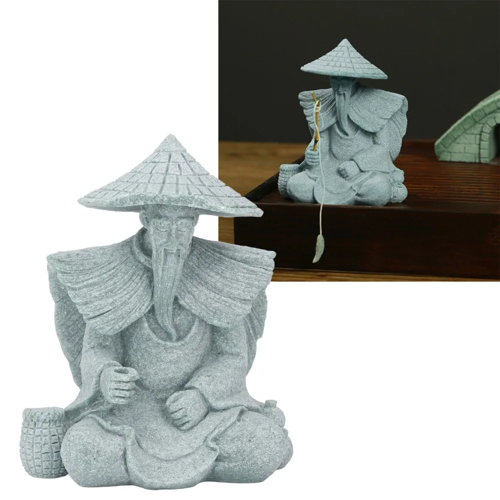 2pcs Statues Sandstone Fisherman Statue Green Vintage Fisherman Figurine Sitting Posture Desk Ornament Statue Living Room Accent