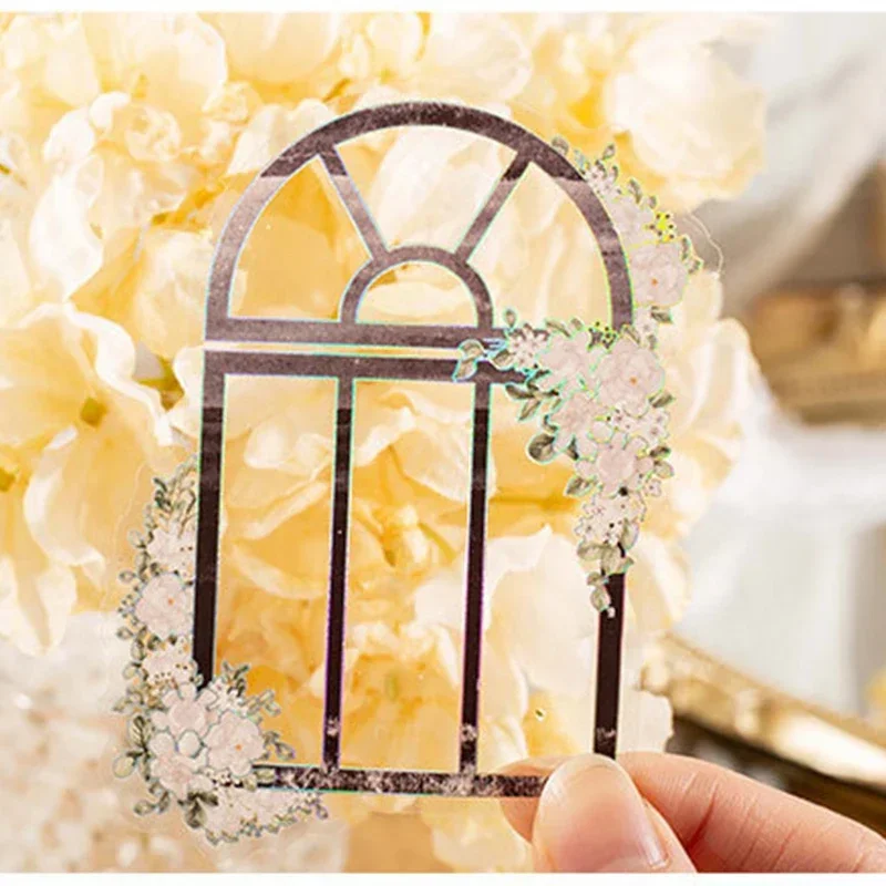 10Sheets Rose Decorative Supplies Scrapbooking Cut Rectangle Twist Manual Stickers Flowers Windowsill Laser Account 148*80MM