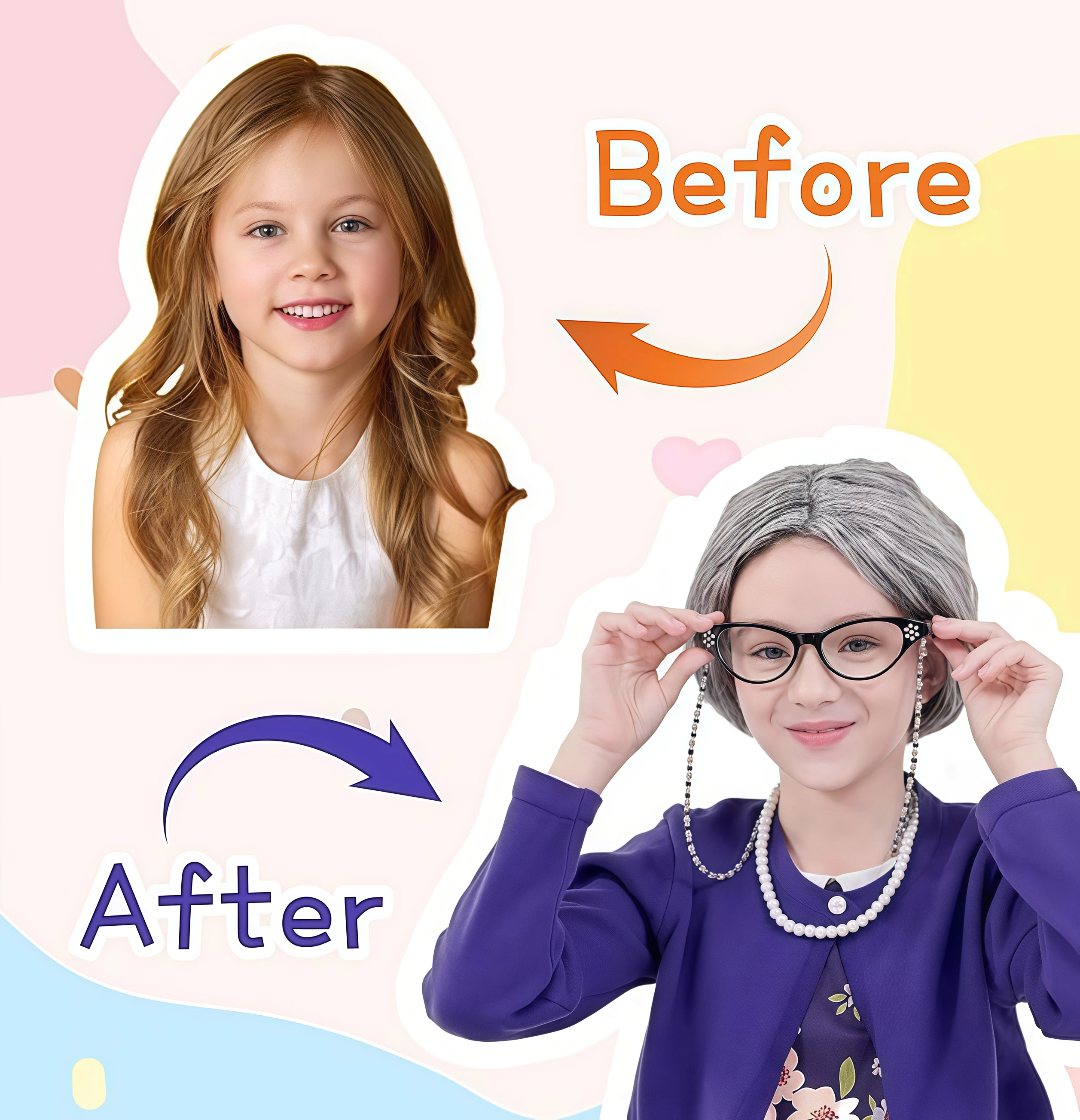 مجموعة أزياء السيدة العجوز للأطفال 100 يوم من المدرسة الجدة رمادي شعر مستعار نظارات للفتيات أداء لعب الأدوار في الهالوين ملحق الجدة #4