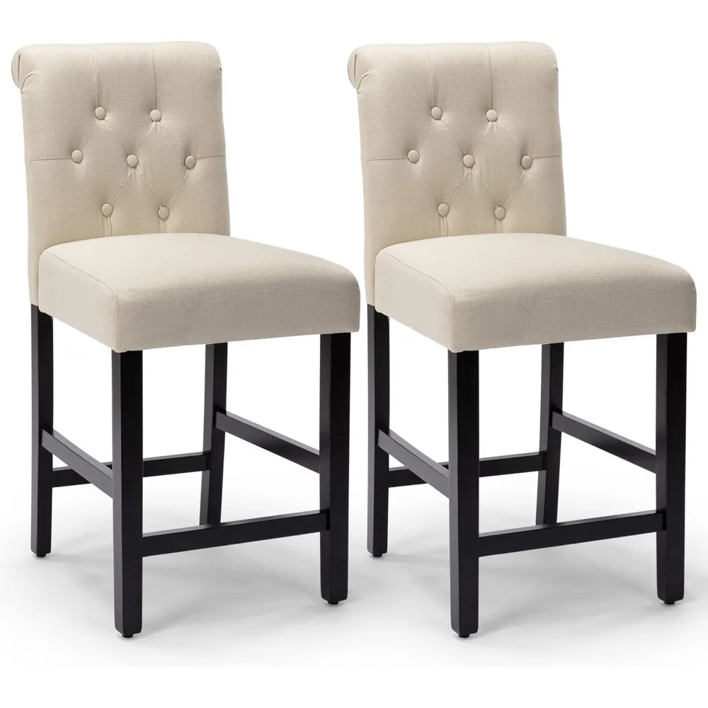 

Bar Stools Set of 2, 24 Inch Counter Height Chairs, Upholstered Fabric Padded Kitchen Island Wood Barstools with Button