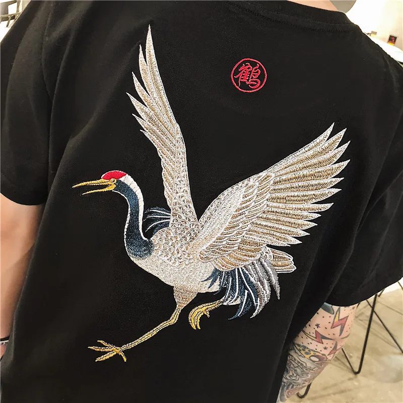 Harajuku Japan Brand Chic Crane Bird Embroidery T Shirts Men Women Oversized Y2k Tops Cotton Black White Summer Tee Hip Hop 2022