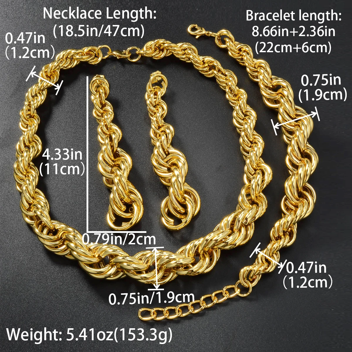 3pcs Men\'s Women\'s Jewelry Set Fried Dough Twists Interwoven Necklace Bracelet Earrings Hip-hop Punk Style Suitable Party Gifts