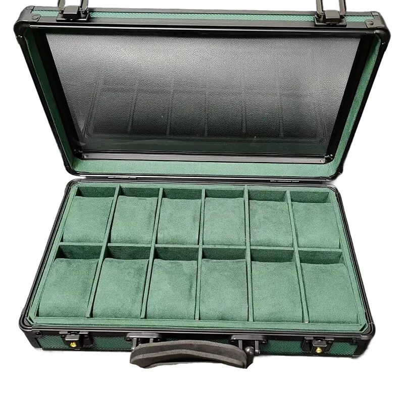 12 Slots Aluminum Jewelry Storage Box with Window, Clear Top Light Luxury Watch Case Organizer for Watches Briefcase