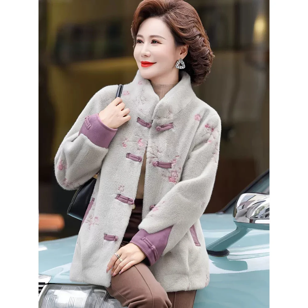 

New Autumn Winter Mother Faxu Fur Jacket Chinese Style Elegant Imitation Mink Velvet Wool Coat Women High End Fur Outwear