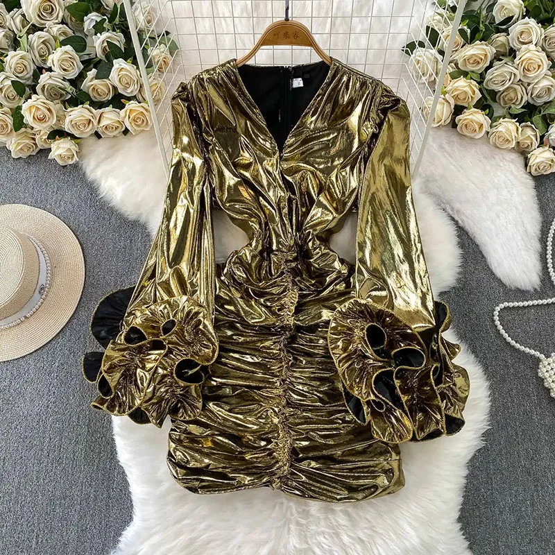 

Shirring Ruffles Luxury Dress V Neck Edgy Ruched Design Full Sleeves Women Shiny Glamorous Evening Party Bodycon Dress