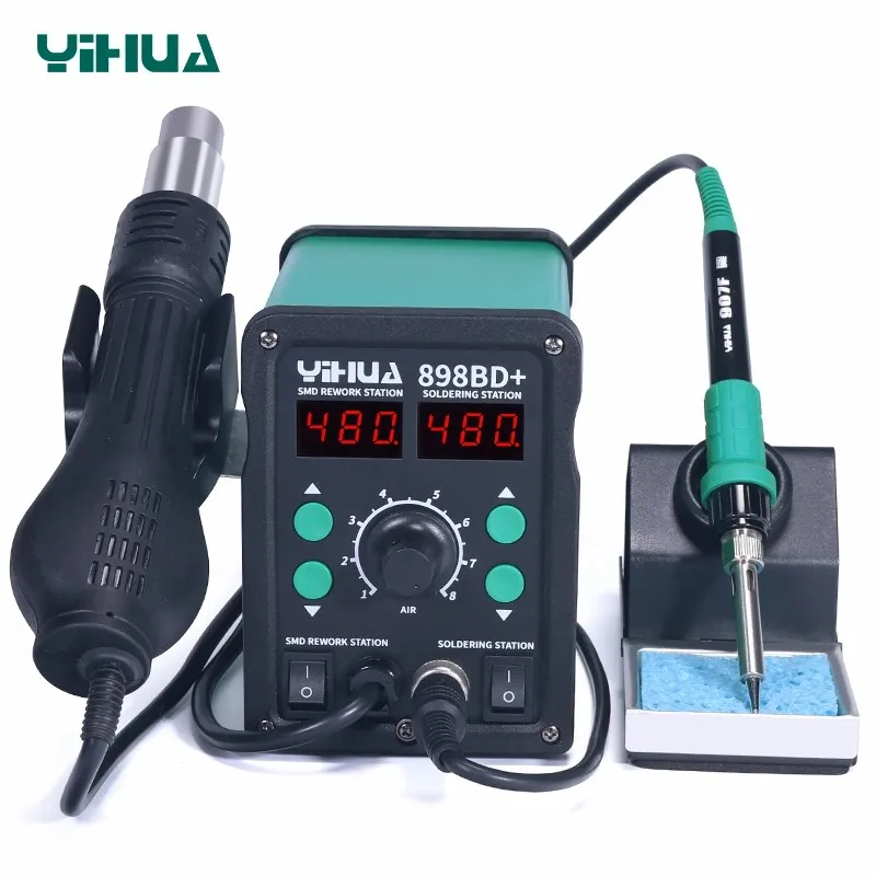 YIHUA stasiun Solder pengerjaan ulang SMD, stasiun Solder pengerjaan ulang pistol udara panas + besi Solder 2 dalam 1 SMD 898BD + 110V / 220V 750W