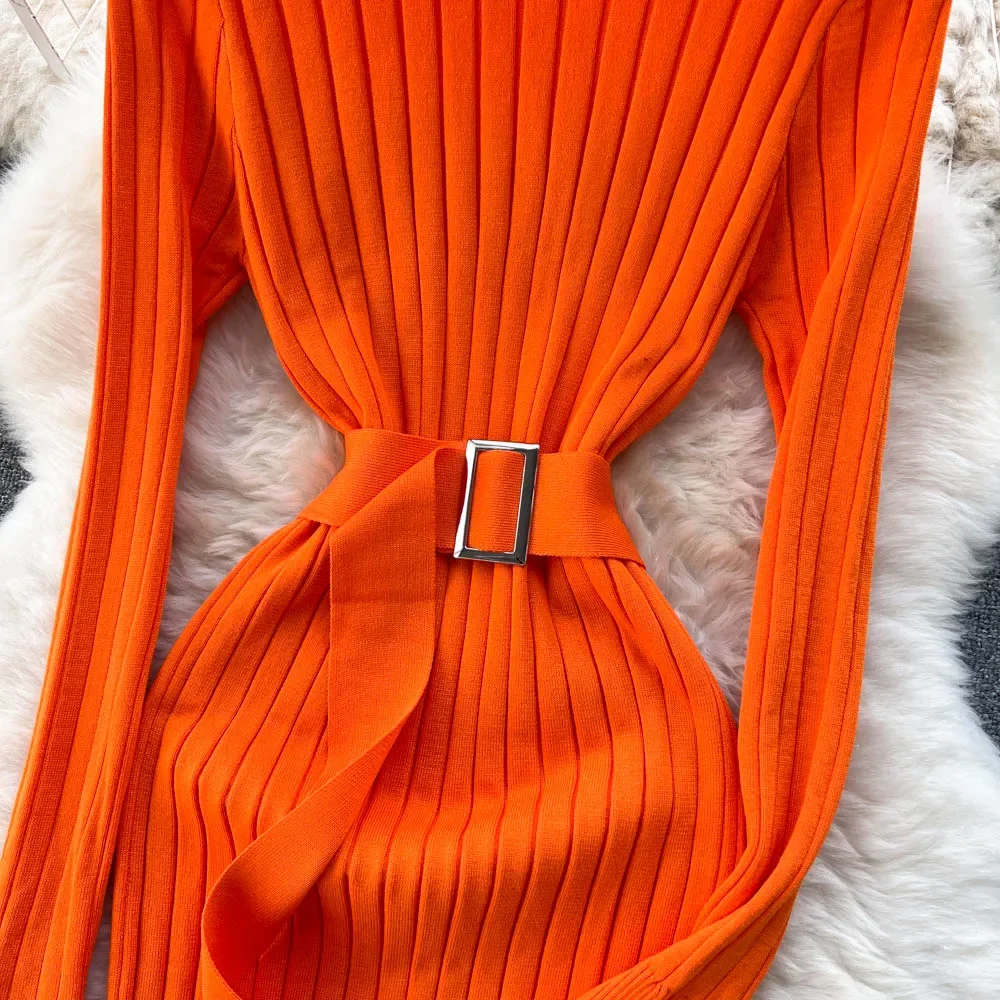 Zielona Zimowa Sukienka Damska z Golfem Sexy Jesienna Długa Sukienka Obcisła Maxi Boydcon Codzienny Sweter Dzianinowy z Paskiem na Imprezę do Klubu