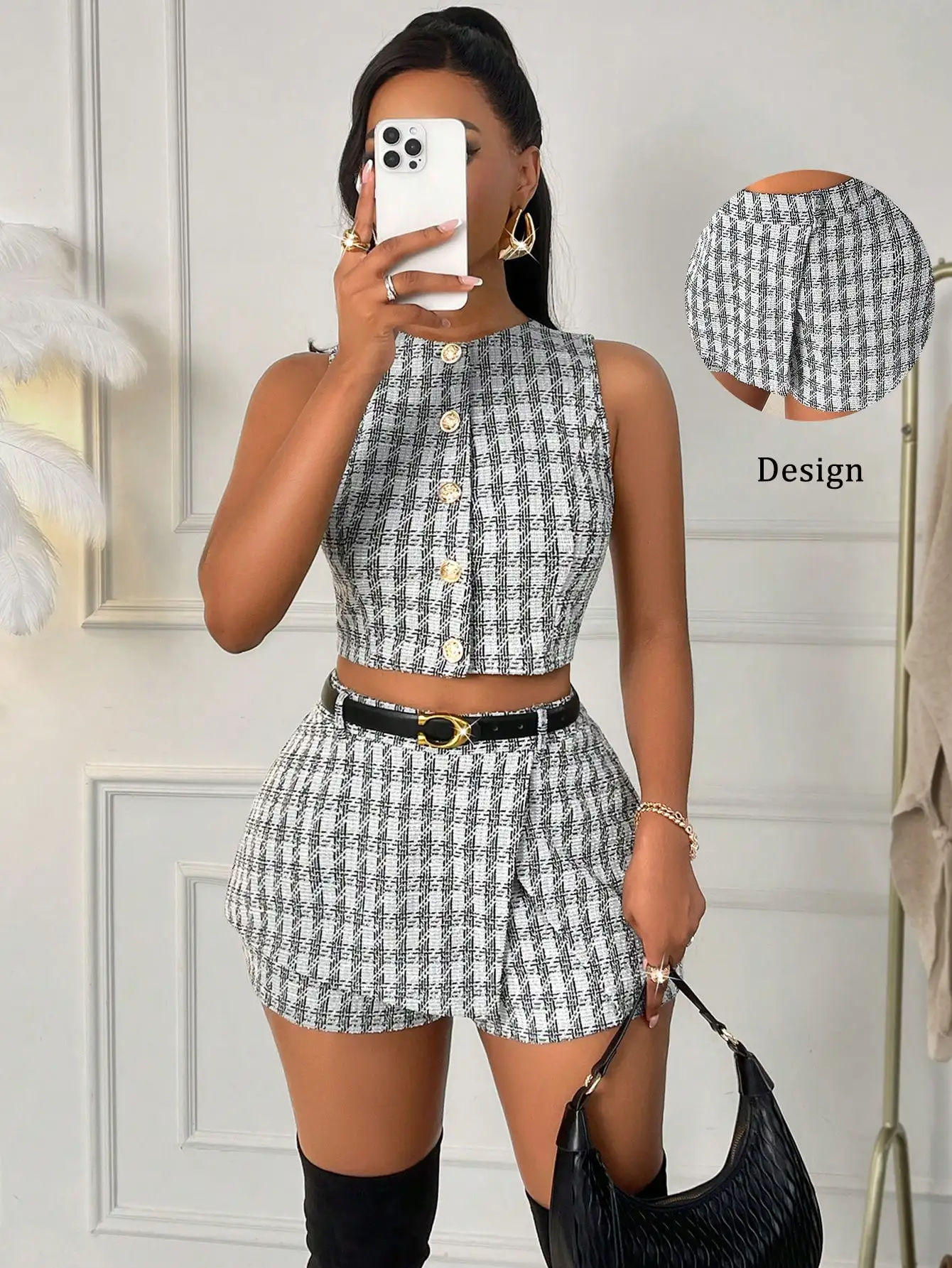 

Женский комплект Amarilo из двух предметов в клетку с пуговицами спереди, укороченный топ и шорты для офиса, вечерних мероприятий, весны/осени