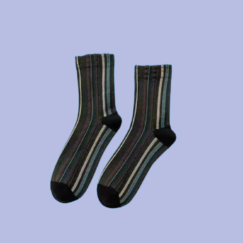 5/10 Pairs Tea Color Striped Mixed Bag Women's Bag One Size Retro Middle-Tube Socks Autumn and Winter New Japanese Cotton Socks