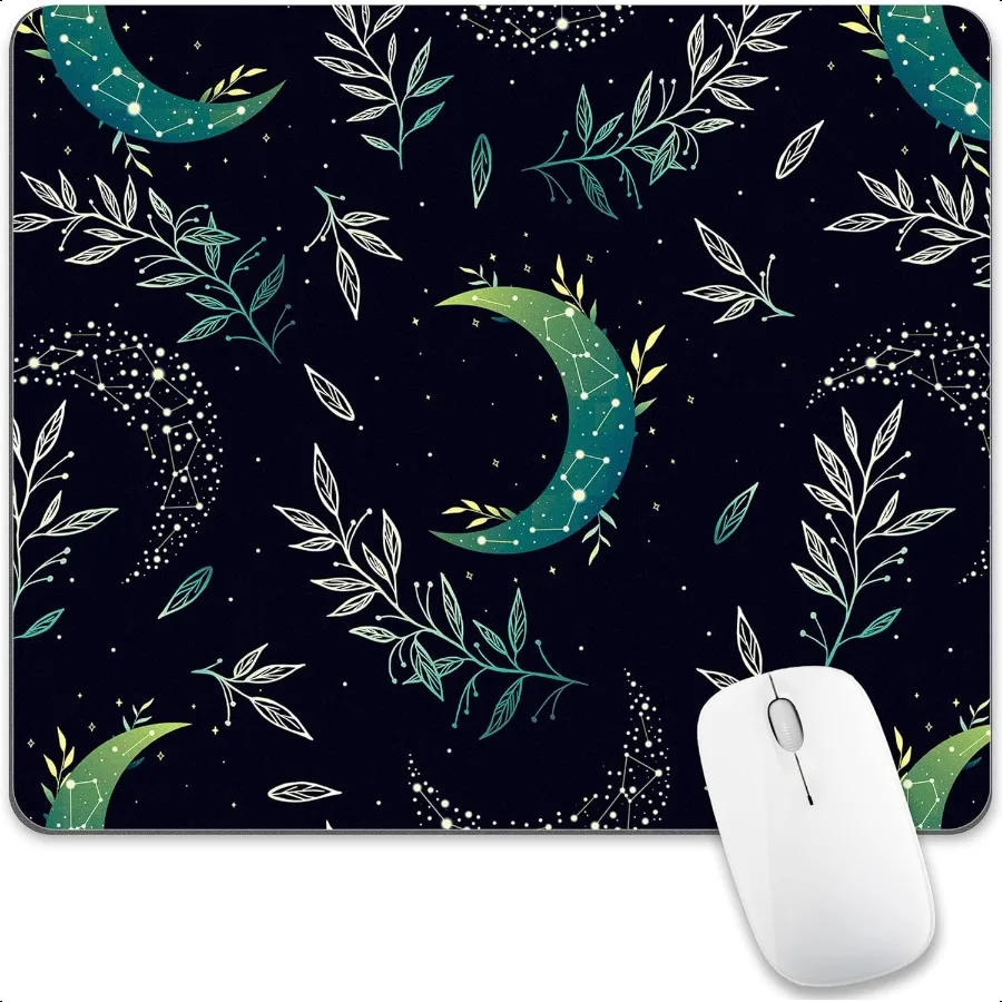 

Black Moon Stars Mouse Pad Cute Mystical Herb Square Computer Mousepads Washable Dark Boho Crescent Magic Nature Leaf Desk Mous