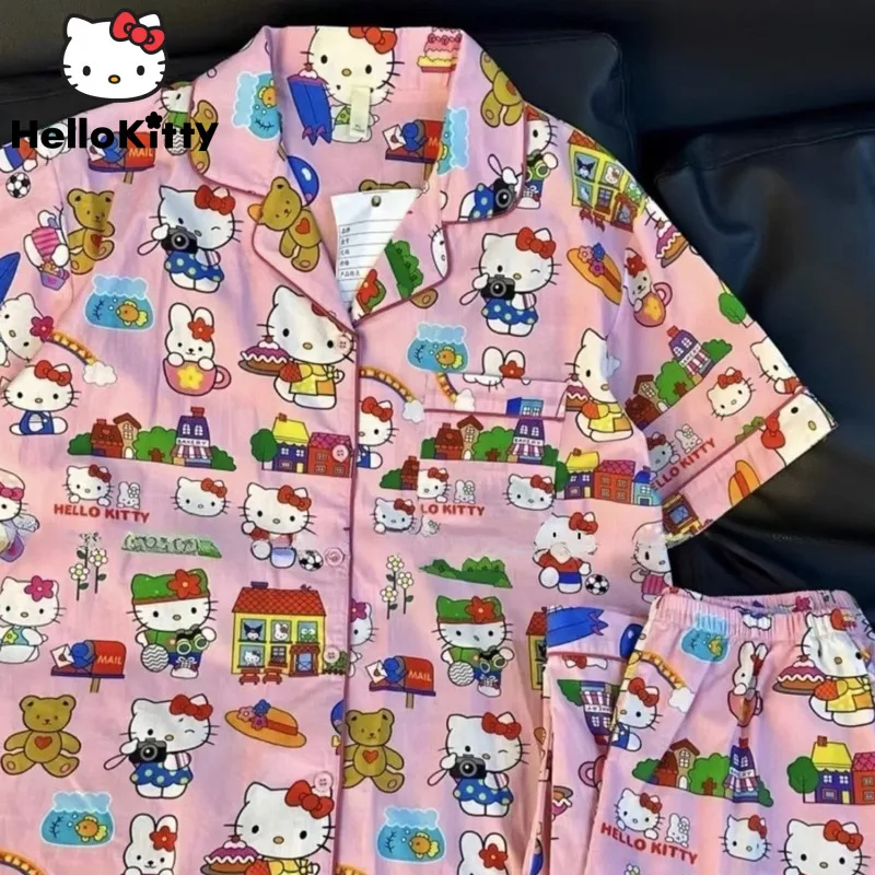 Sanrio Hello Kitty Kawaii Home Clothes 3 Pieces Set Cartoon Short Sleeve Top Shirt Shorts Pants Women Pajamas Suit Y2k Sleepwear