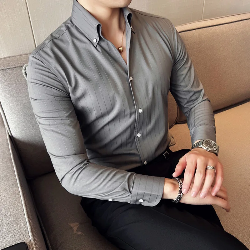 2023 Summer Men Fashion Business Shirt British Gentleman Korean Slim Fit Solid Color Male Half Sleeve Shirt Solid Casual Blouses