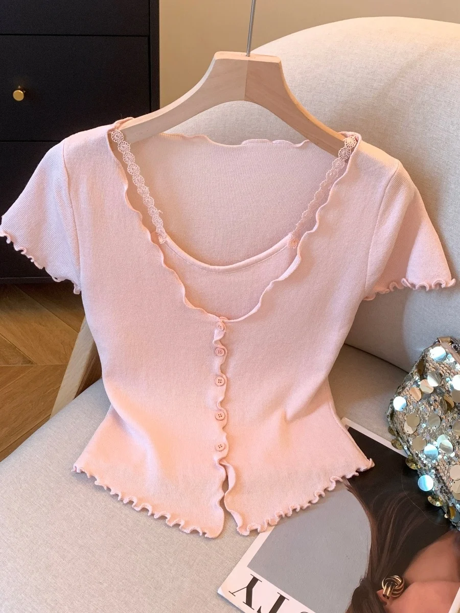 

Pink Lace ort Sve Knitted T-irt Women's Slim Fit Summer New Sle Gentle Wind Top Korean Sle Commute Faion